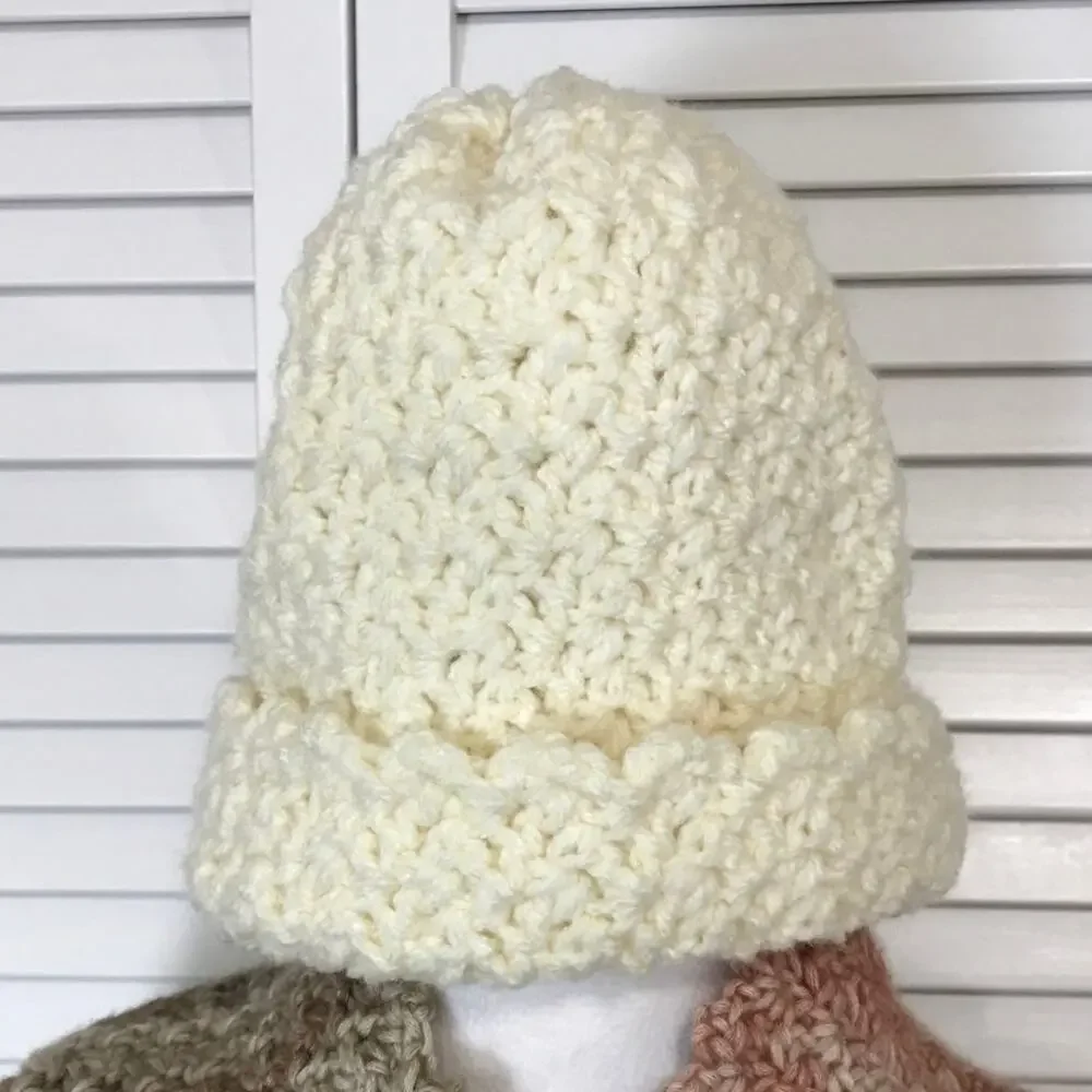 NWT Handmade Crocheted Cream Multicolor Textured Adult Beanie Scarf 80”